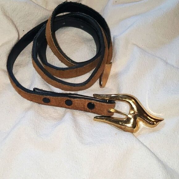 𝅺vintage Brown suede belt MZA of NY thin belt gold buckle - Picture 1 of 5